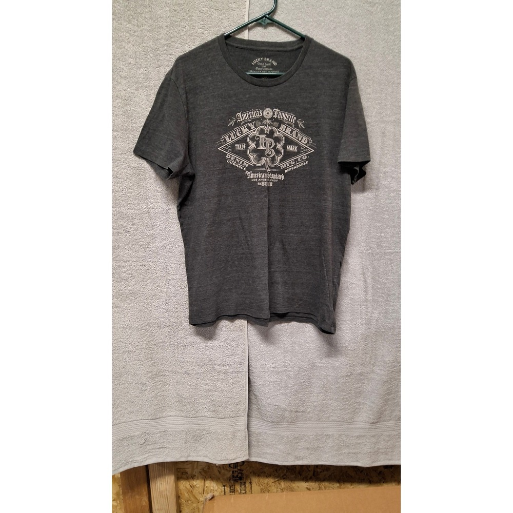 Lucky Brand Mens Charcoal Gray Heather Graphic T-Shirt Clover Logo Large